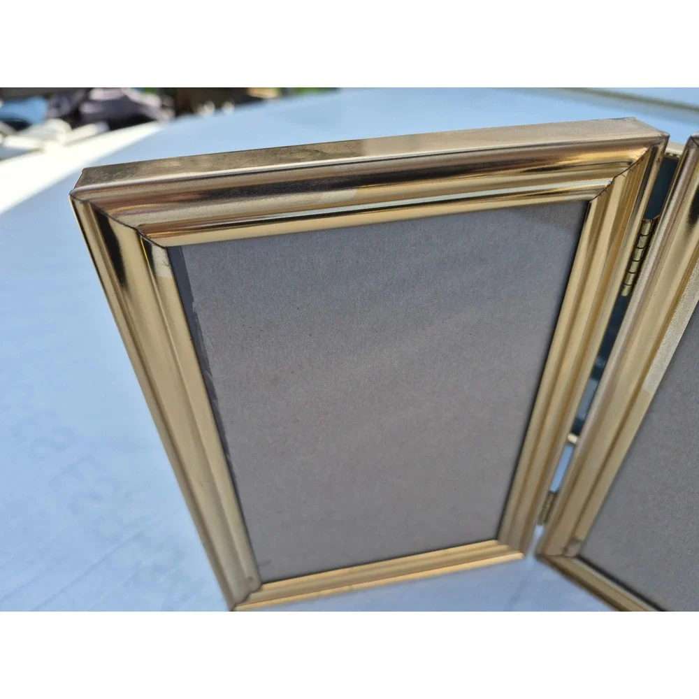Vintage Intercraft Gold Metal Folding Double Picture Frames Set of 2 Beaded Edge